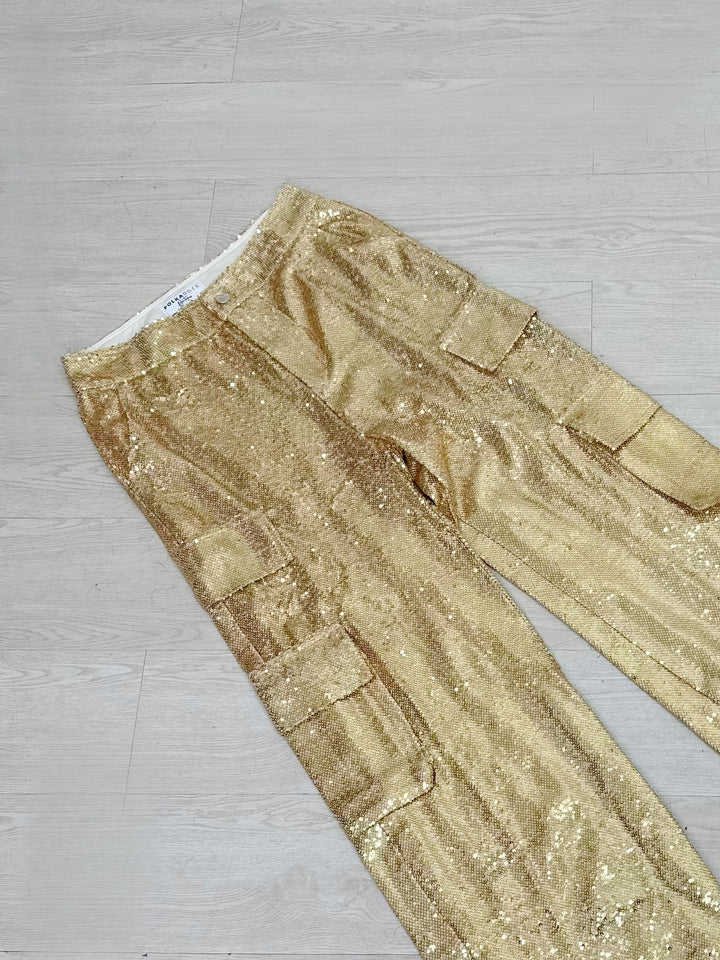 High Waist Sequin Cargo Pants (Gold)