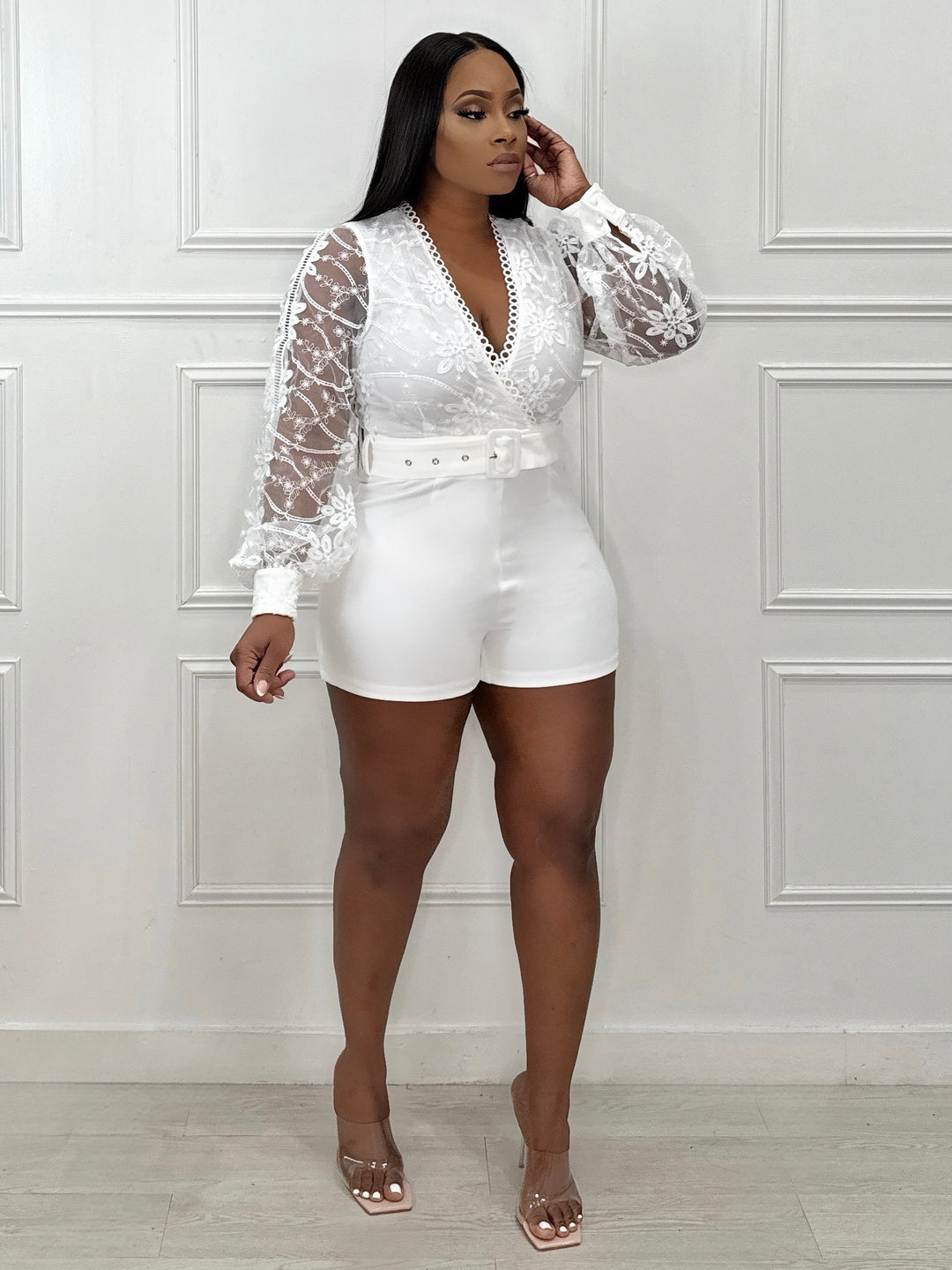 Dress For The Weekend Lace Sleeve Romper (White)