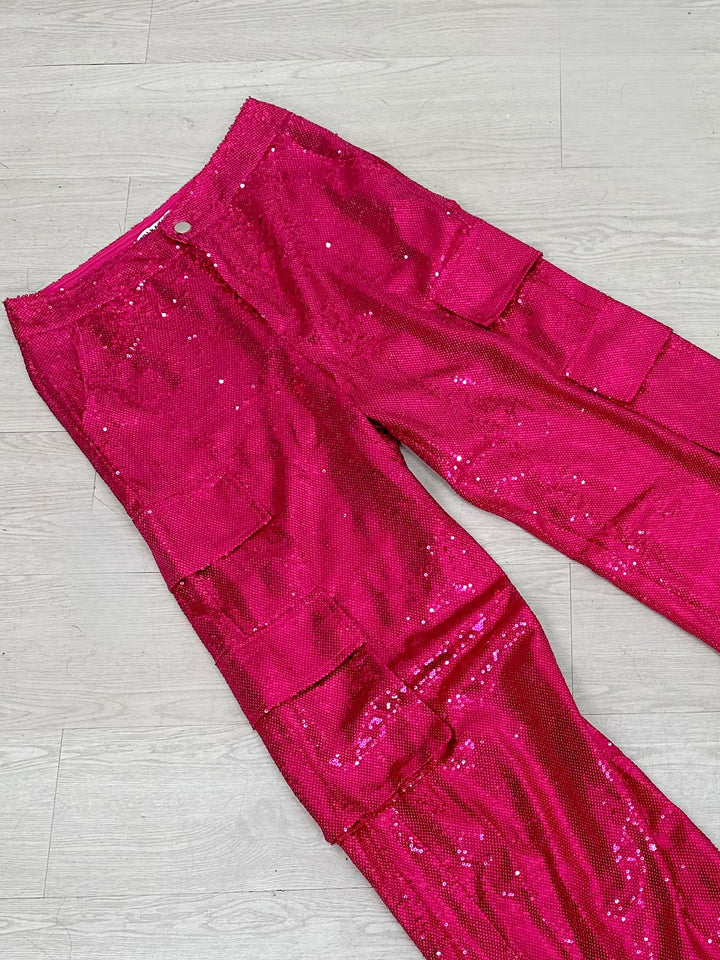 High Waist Sequin Cargo Pants (Pink)