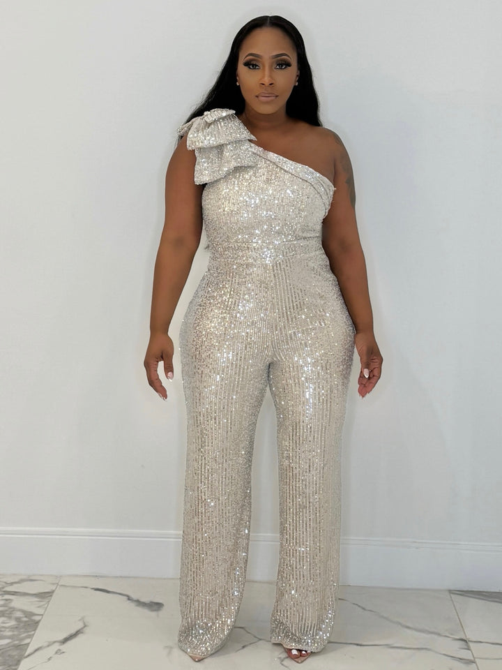 Everything Nice One Sleeve Jumpsuit (Nude/Silver)