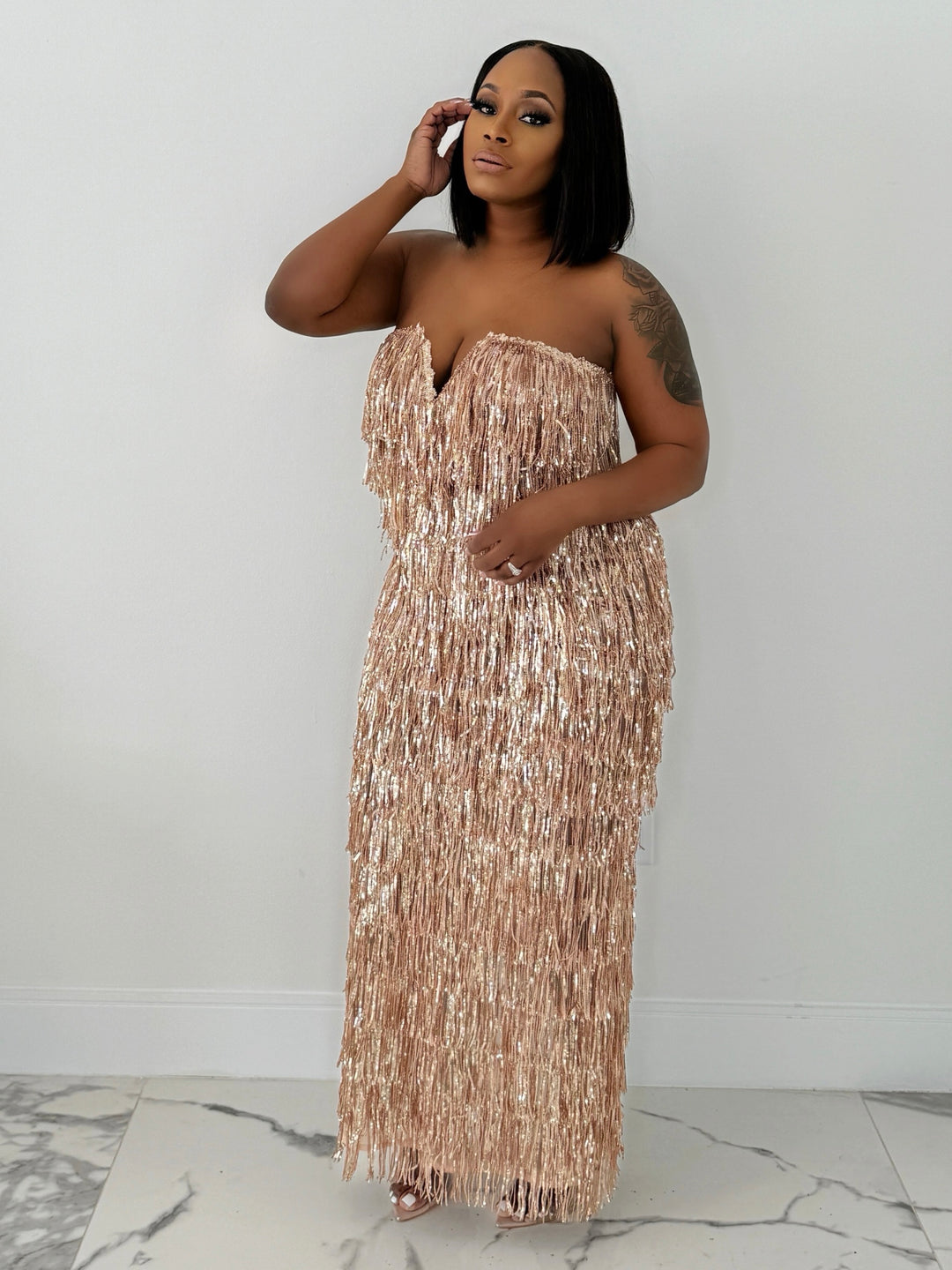 Get Into The Fringe Fitted Maxi Dress (Rosegold)