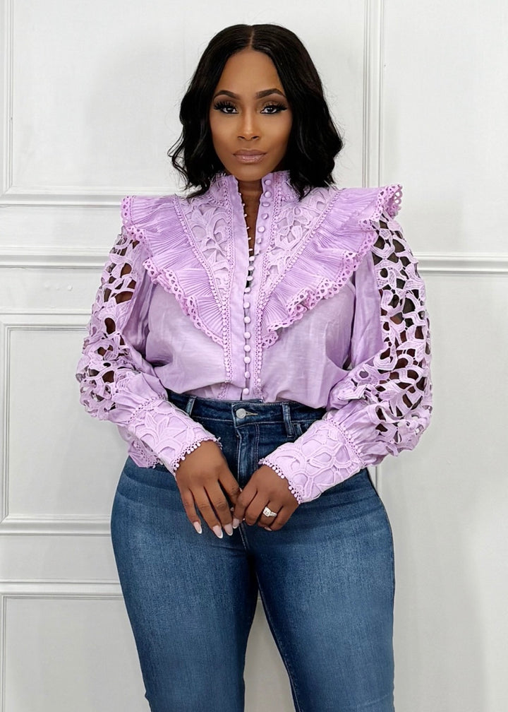 Ruffle & Embroidery Long Sleeve Top (Lavender)