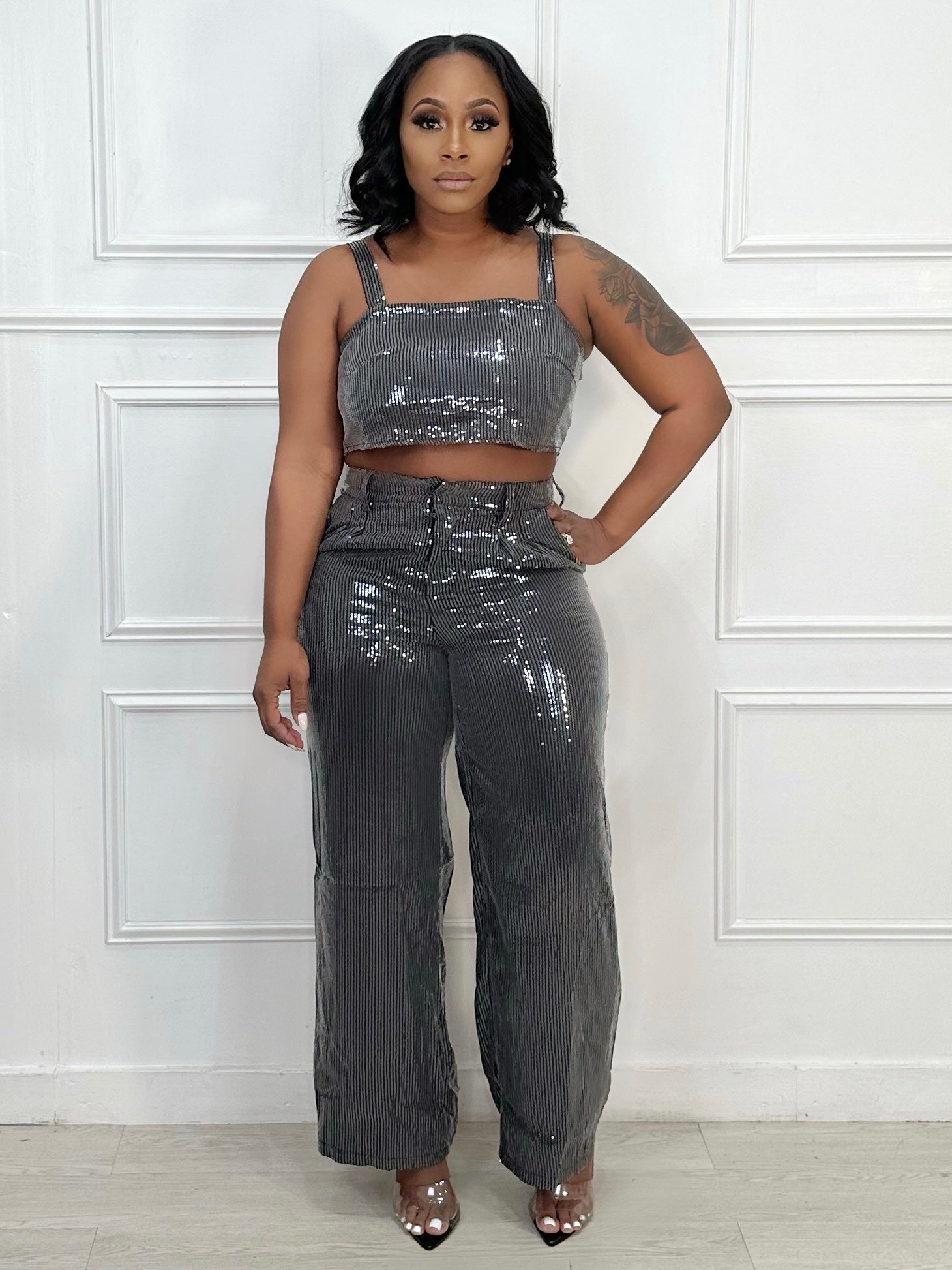 Sequin Crop Top Pant Set Silver Polkadotz Boutique