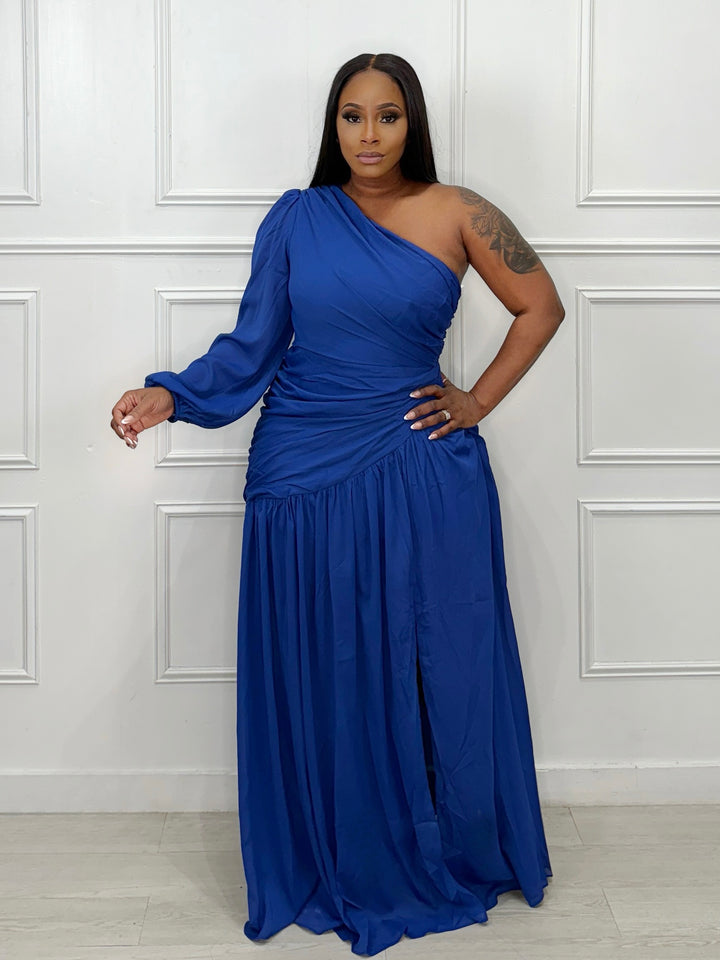 Top Trend One Sleeve & Slit Maxi Dress (Royal Blue)