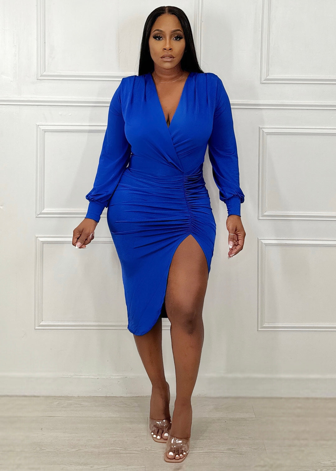 It’s A Wrap Ruched Dress (Royal)