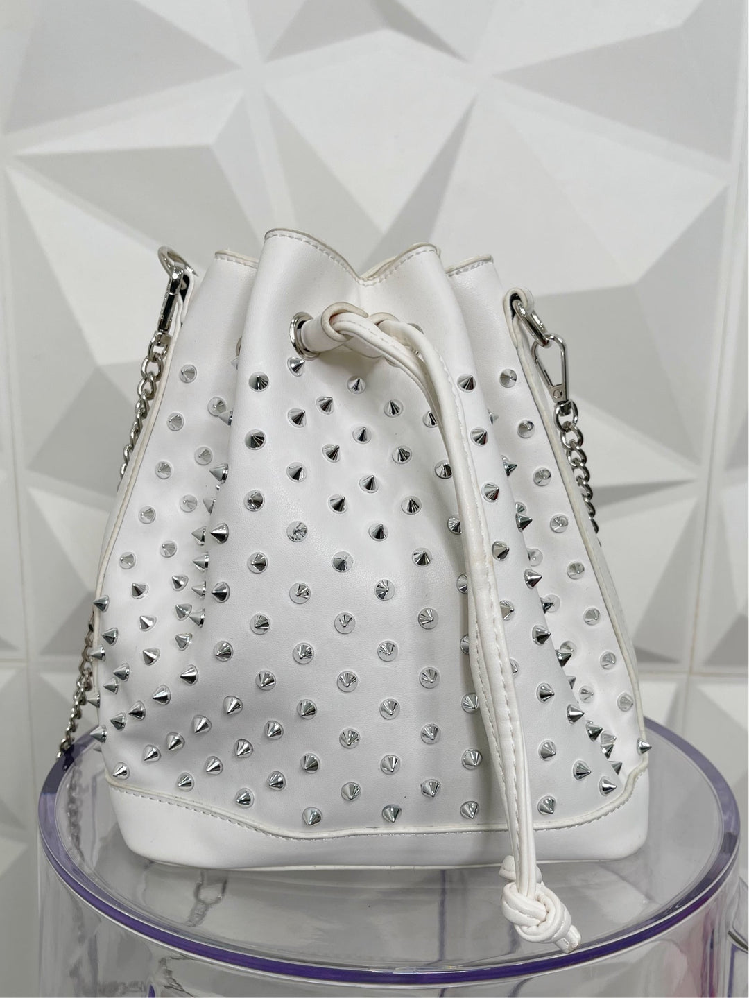 White & Silver Studded Bucket Bag