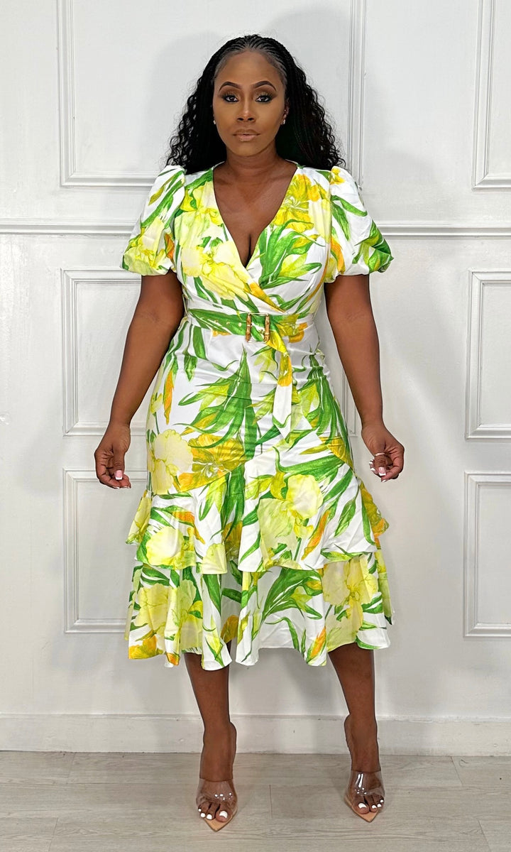 Lemon Squeeze Floral Ruffle Dress (Lime/Yellow)
