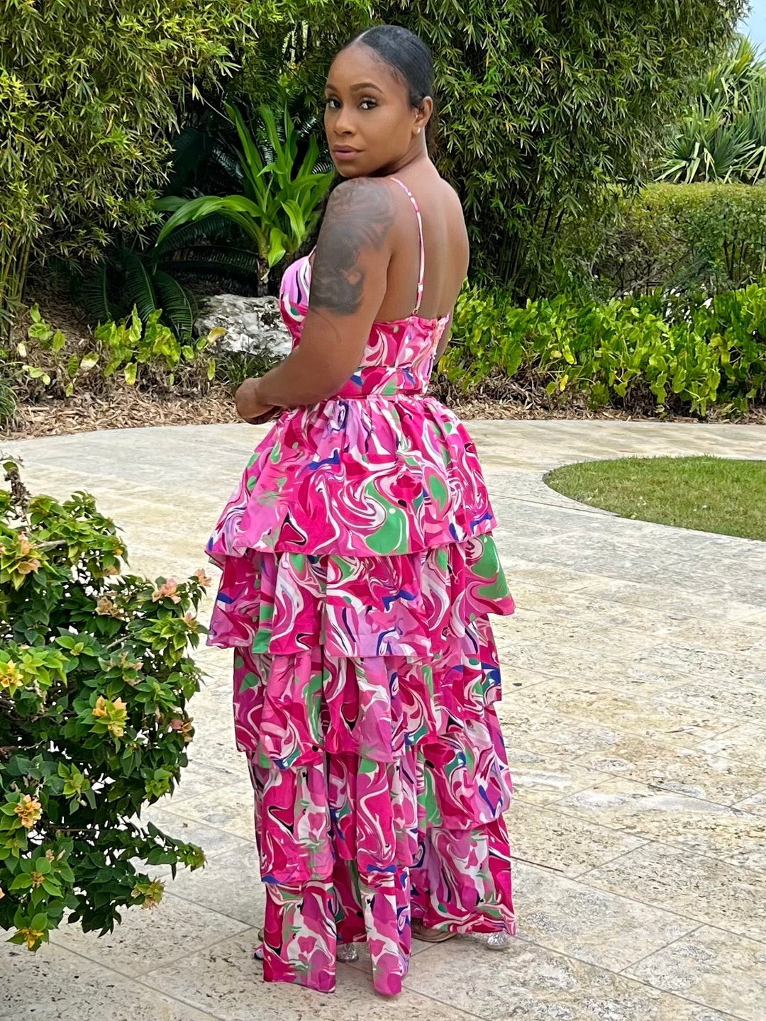 High & Low Pink Print Layer Dress