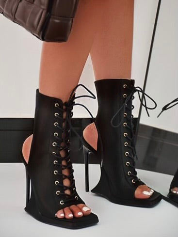 Lace Me Up Open Toe Booties (Black)