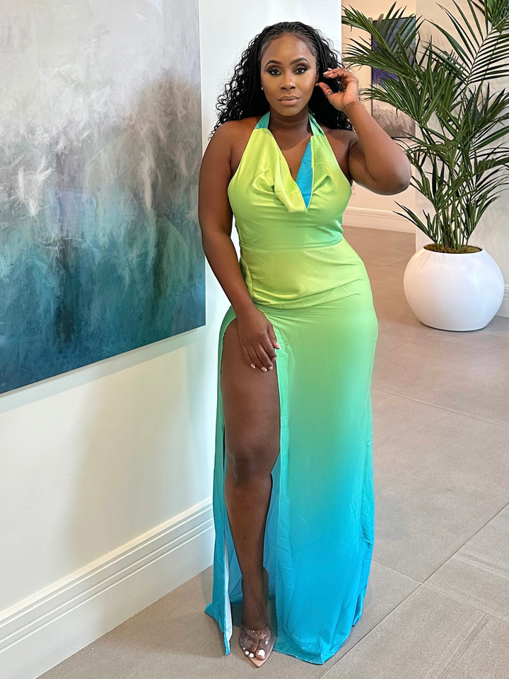 Committed High Slit Halter Maxi Dress (Green Ombré)
