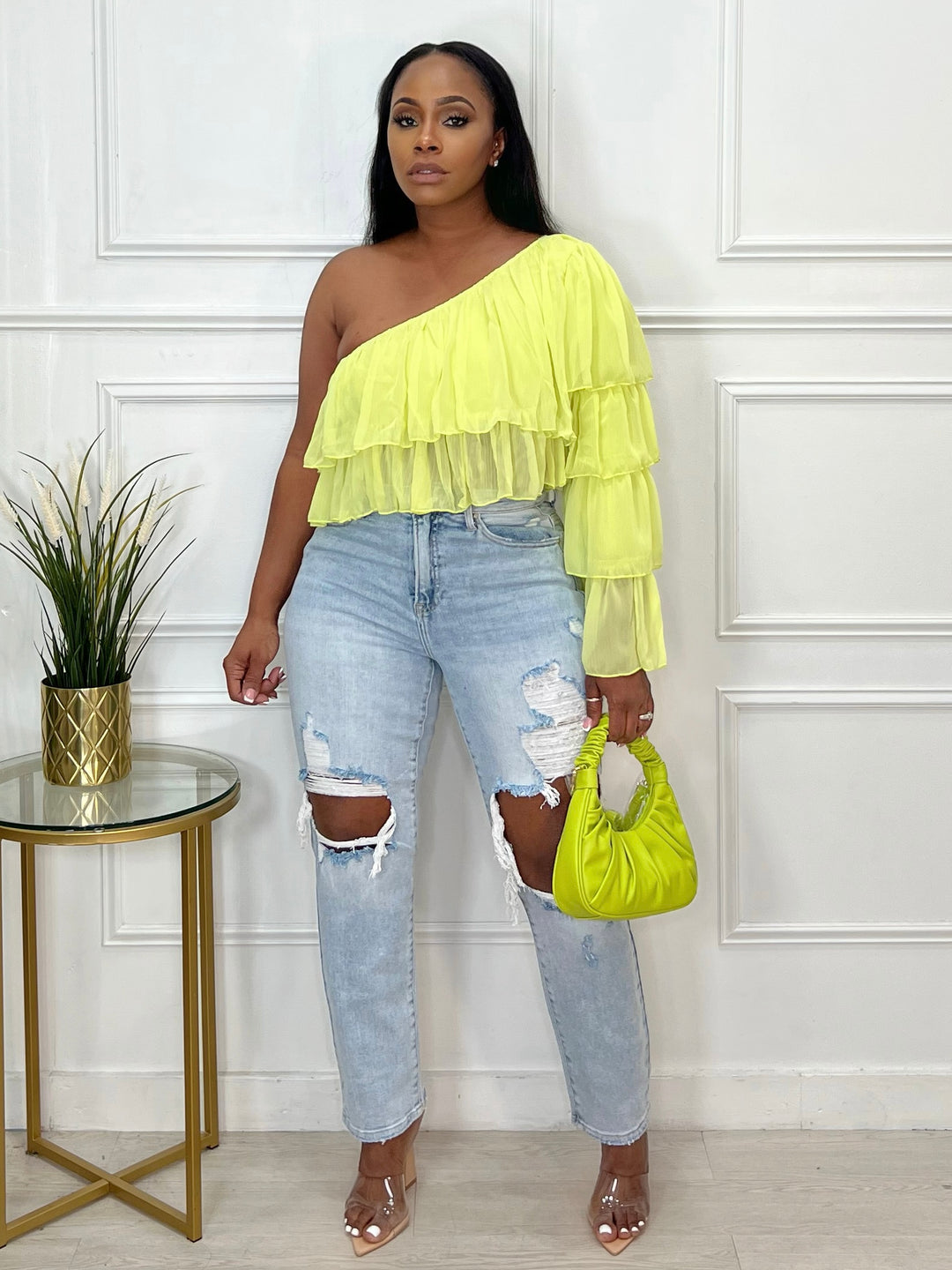 Ruffle One Shoulder Sleeve Top (Lime)