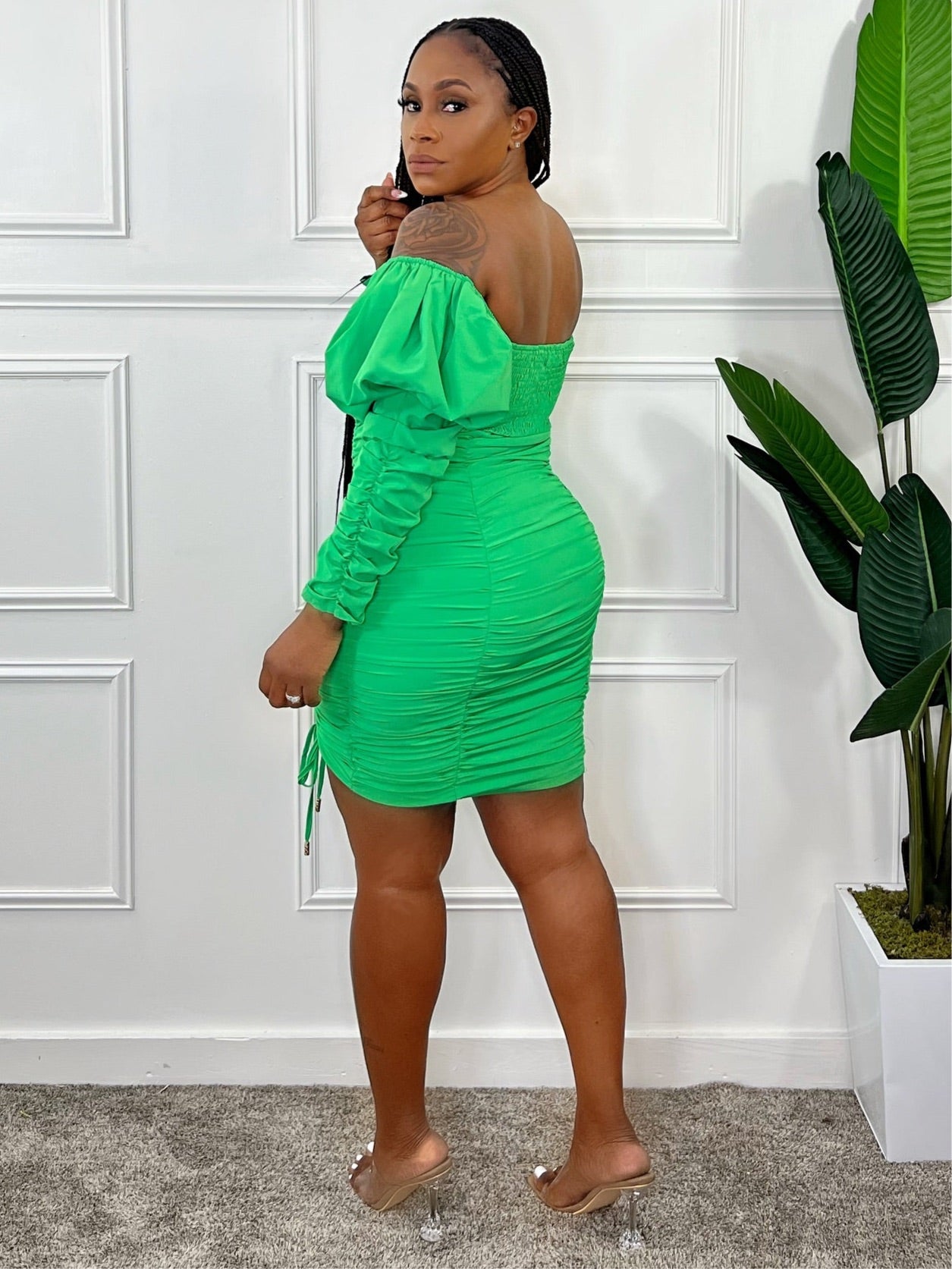 green scrunch dress Green Silk Ruched Bungee Dress Formula S7