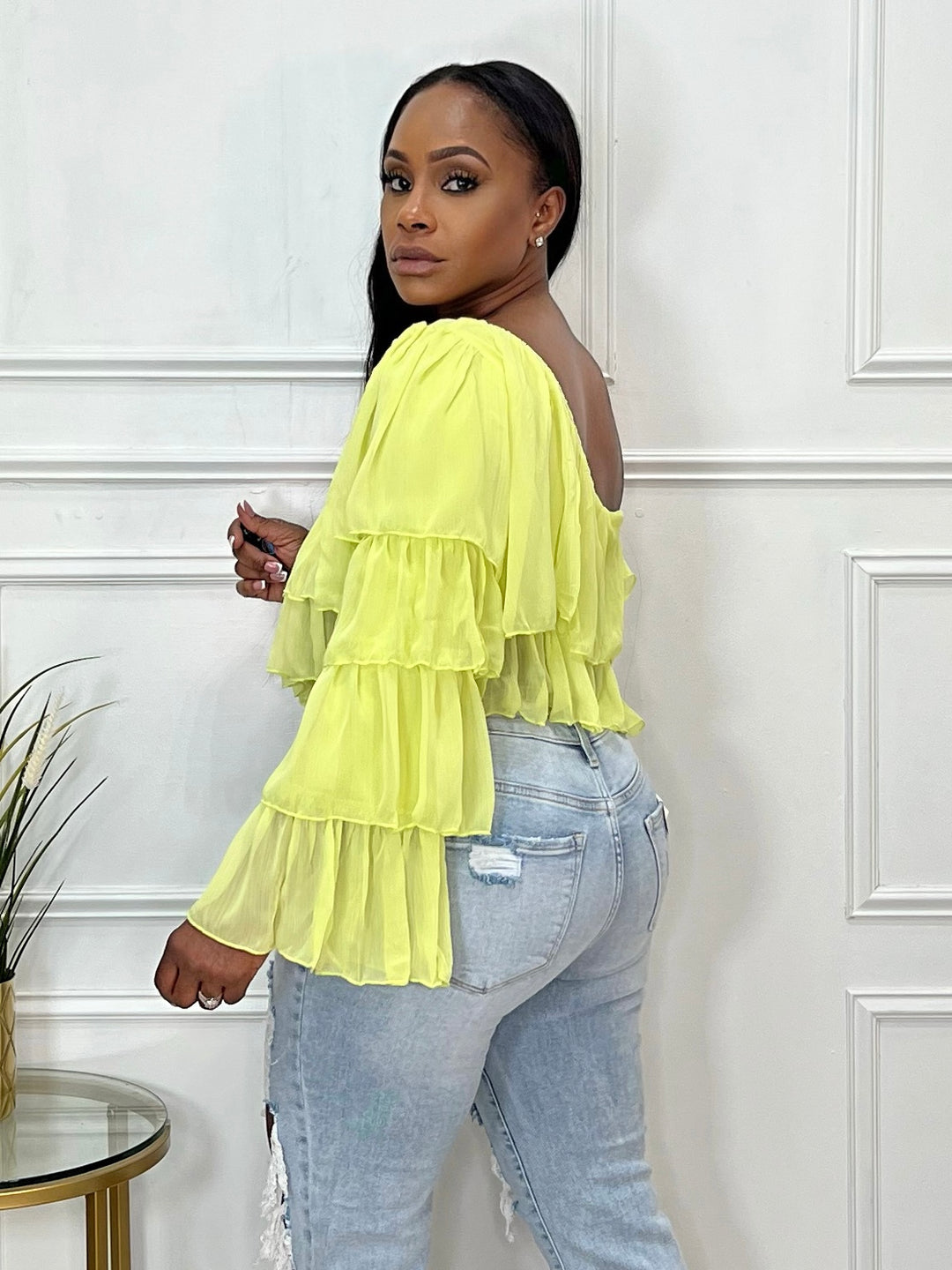 Ruffle One Shoulder Sleeve Top (Lime)