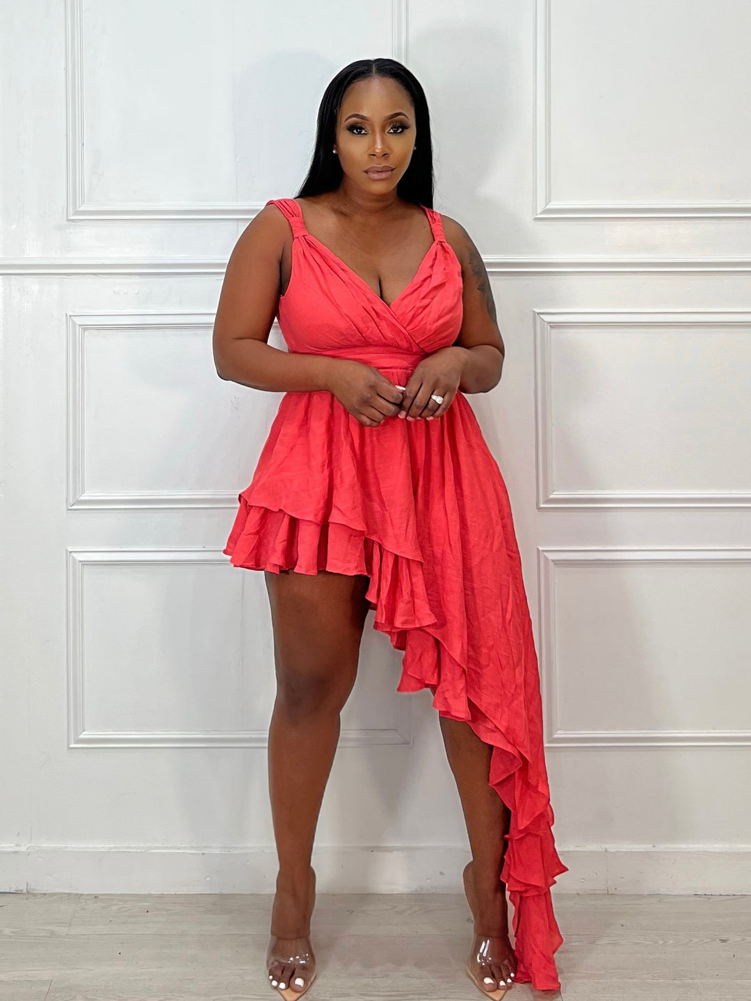 Cascading Side Ruffle Dress (Coral)