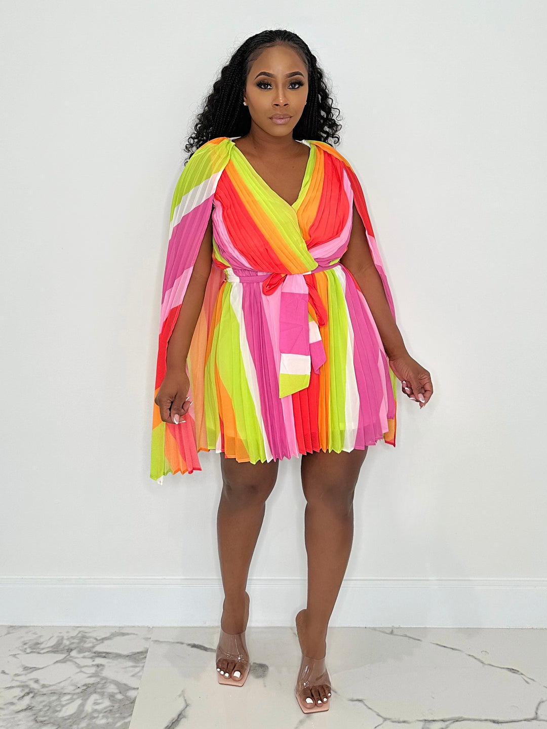 So Effortless Pleated Cape Mini Dress (Multi Stripe)