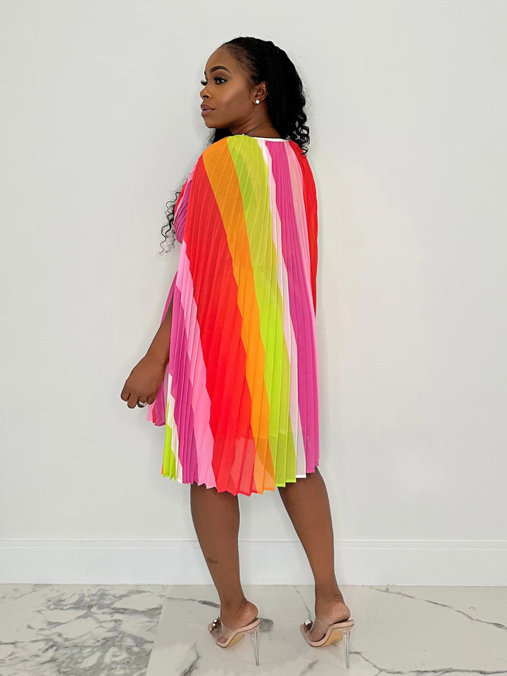 So Effortless Pleated Cape Mini Dress (Multi Stripe)