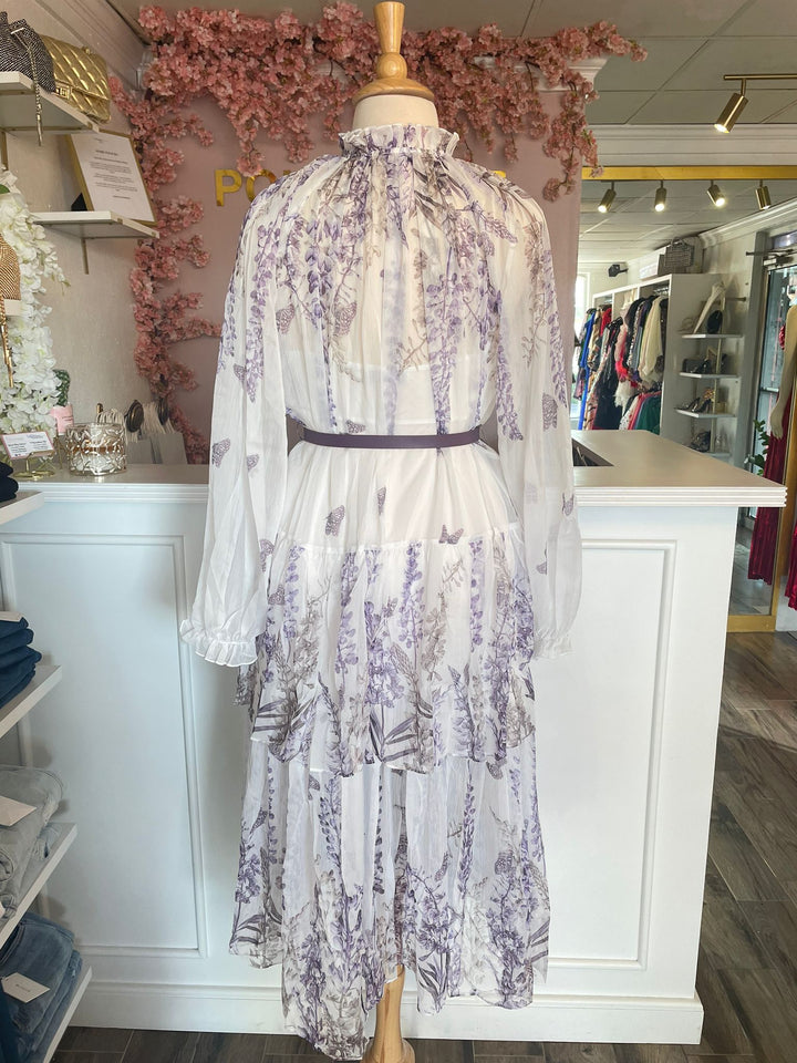 Lavender Floral Flunk Belted Dress