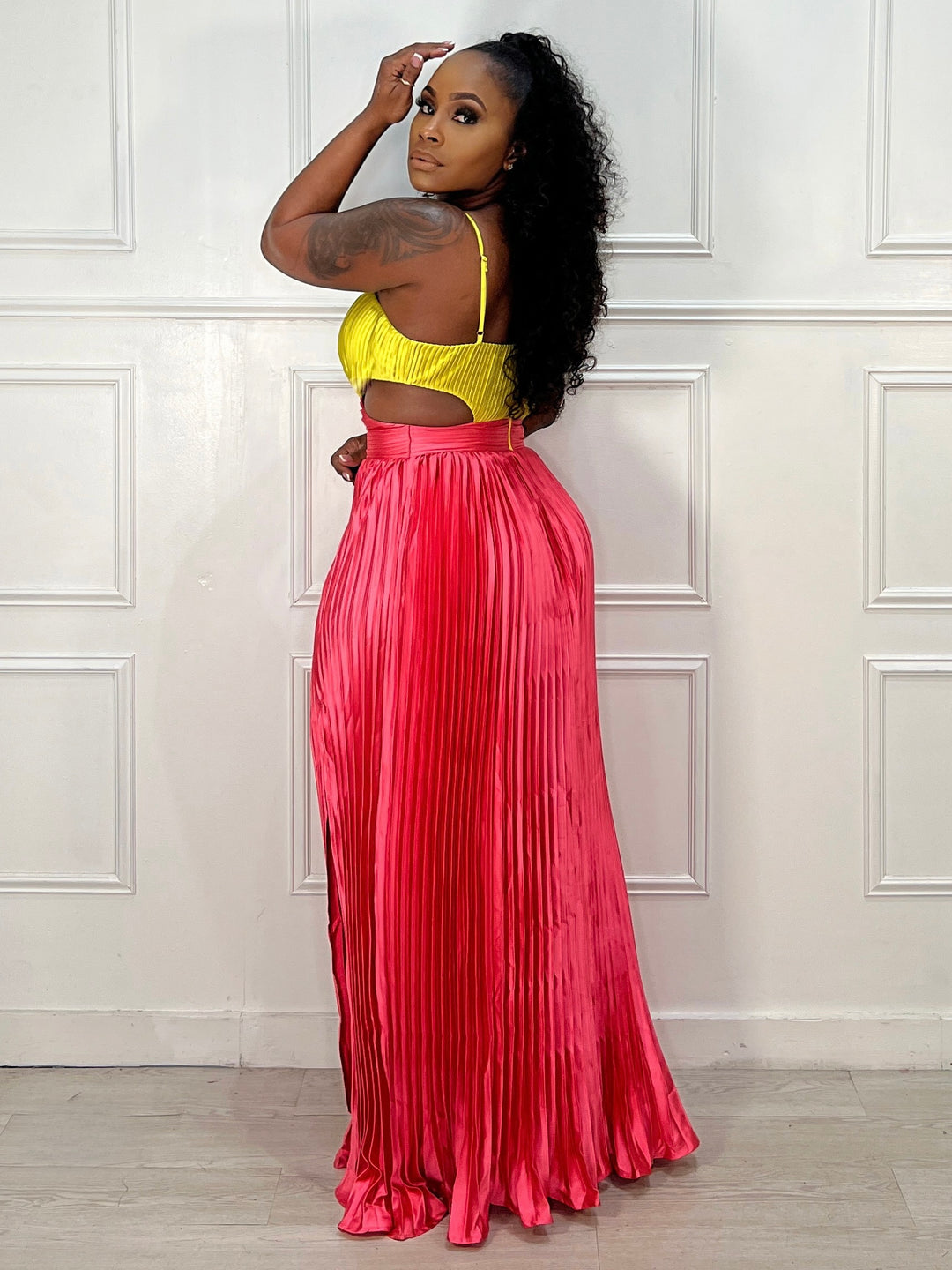 Color Block Pleated Maxi Dress (Yellow/Pink)