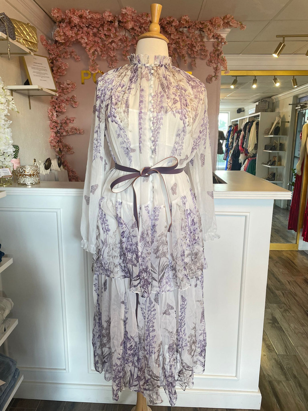 Lavender Floral Flunk Belted Dress