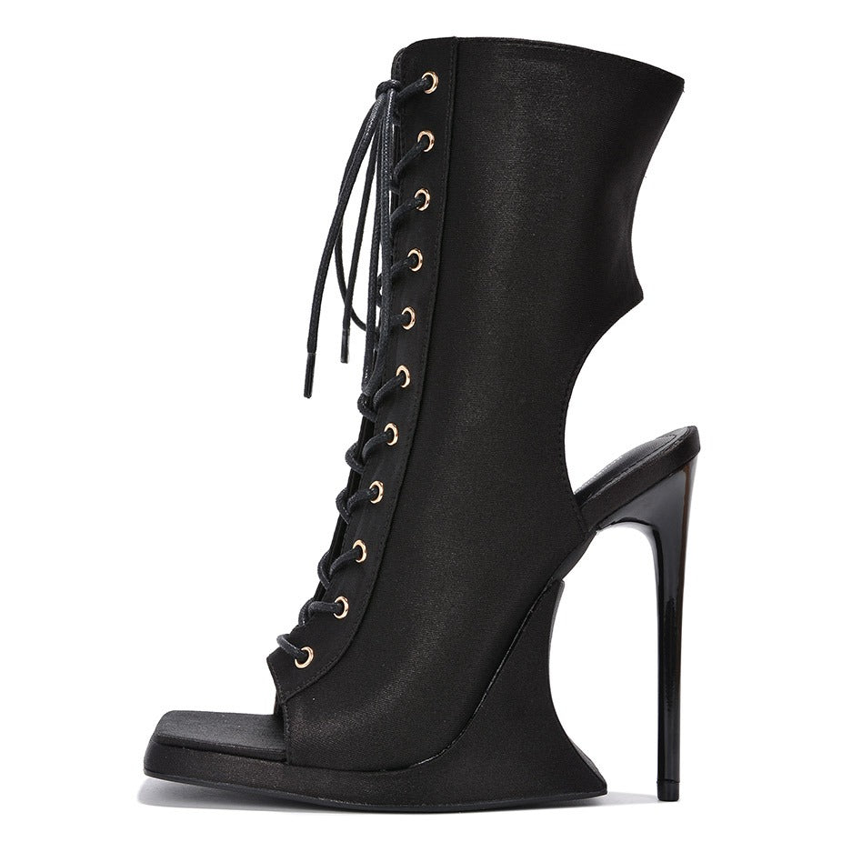 Lace Me Up Open Toe Booties (Black)