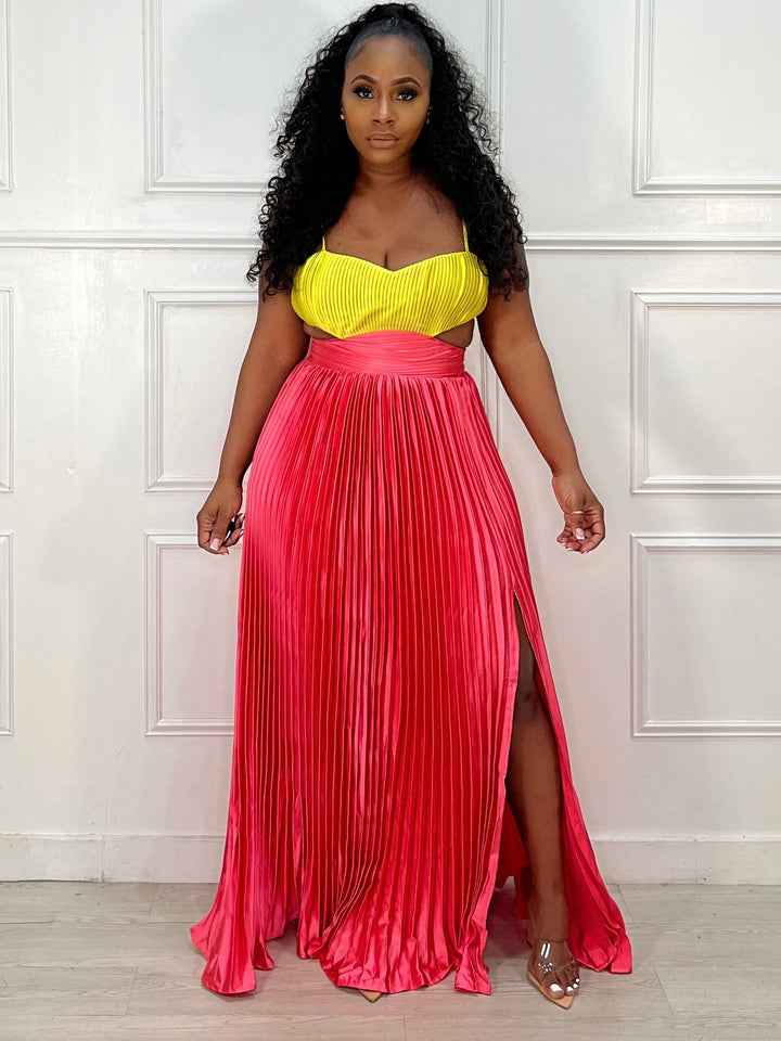 Color Block Pleated Maxi Dress (Yellow/Pink)