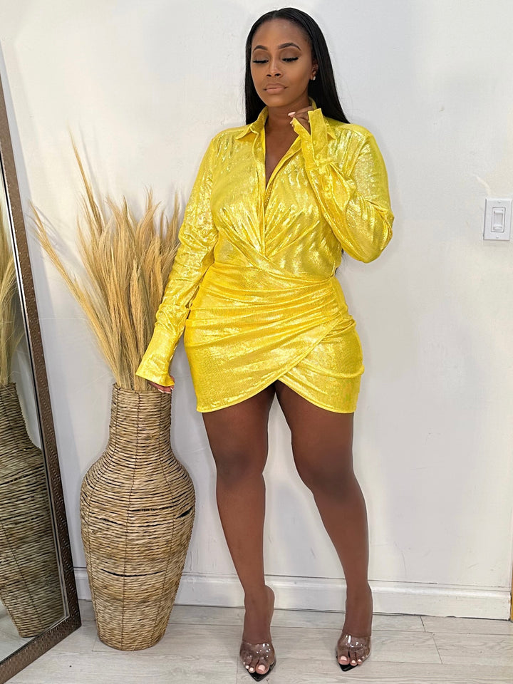 Shimmer Me Pretty Wrap mini dress (Yellow)