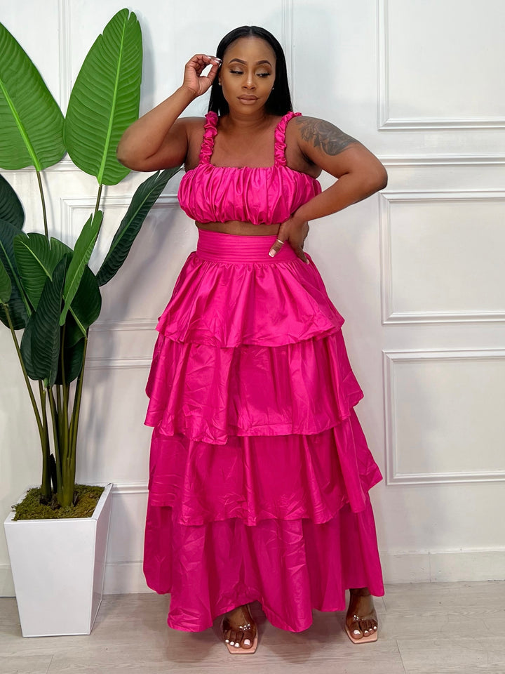 Layered Maxi Skirt Set (Hot Pink(