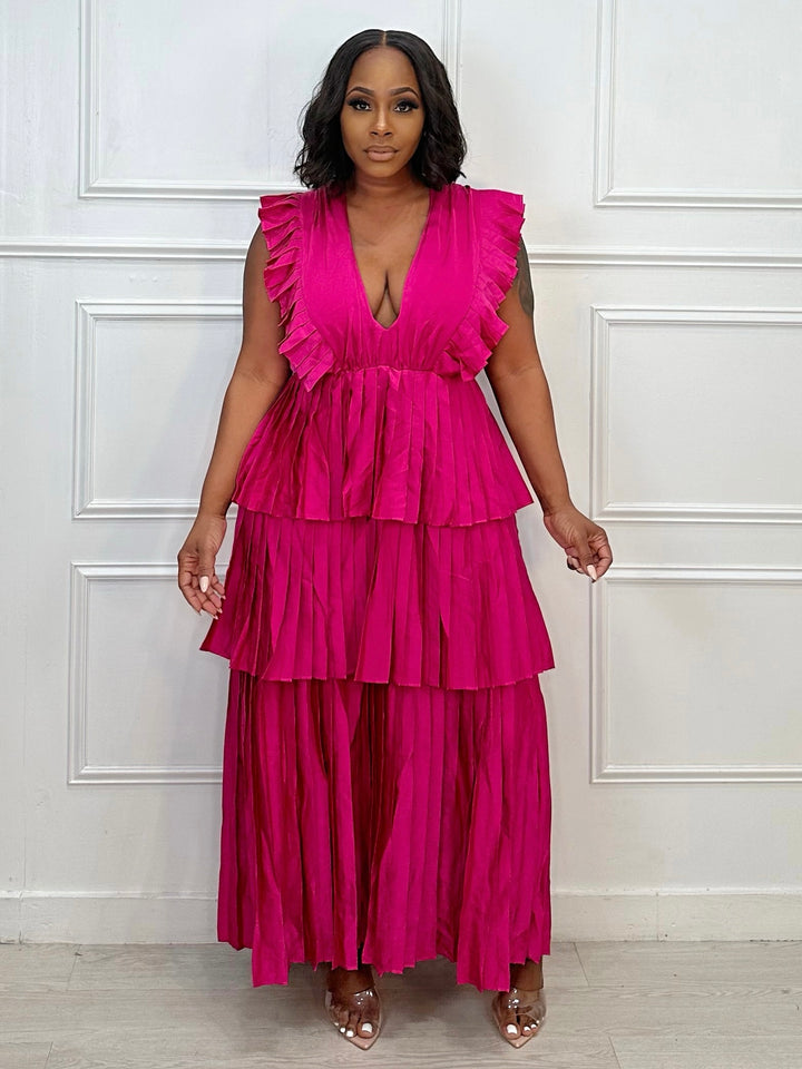 You Complete Me Pleated Maxi Dress(Magenta)